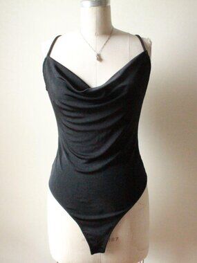 free people black sparkly cowl neck bodysuit cami top size xl